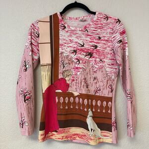 1970s Art Deco Novelty Printed Long Sleeve Top Pink Size Small